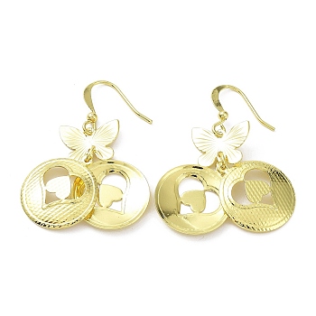 Rack Plating Brass Dnagle Earrings, Heart with Butterfly, Long-Lasting Plated, Real 18K Gold Plated, 41x17mm