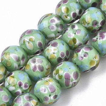 Handmade Lampwork Beads Strands, Inner Flower, Round, Light Green, 11.5~12.5x10.5~11.5mm, Hole: 1.4mm, about 45pcs/Strand, 19.69 inch~20.08 inch
