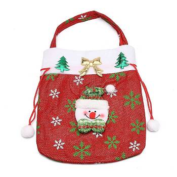 Christmas Cloth Candy Bags Decorations, Drawstring Cartoon Doll Bag, with Handle, for Christmas Party Snack Gift Ornaments, Red, Snowman Pattern, 32.5x20x1.3cm