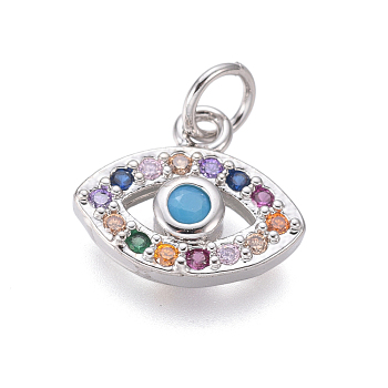 Brass Micro Pave Cubic Zirconia Charms, with Jump Rings, Eye, Colorful, Platinum, 11x13x2.5mm, Hole: 3mm