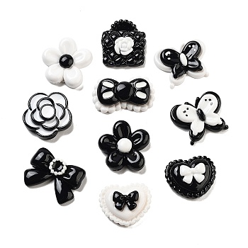 Opaque Resin Decoden Cabochons, Bow/Flower/Heart-Shaped, Mixed Shapes, White, Black, 16.5~22.5x20~27.5x6~9.5mm