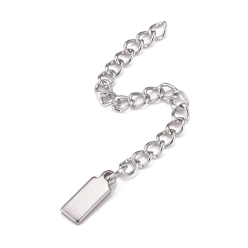 304 Stainless Steel Chain Extender, Curb Chain, with 202 Stainless Steel Charms, Rectangle, Stainless Steel Color, 63mm, Link: 3.7x3x0.5mm, Rectangle: 10.5x4x1mm