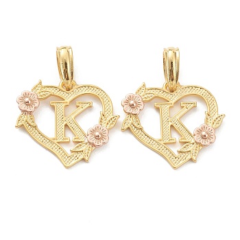 Real 18K Gold Plated Brass  Pendants, Heart with Alphabet, Letter.K, 18x20x3mm, Hole: 6.5x3mm