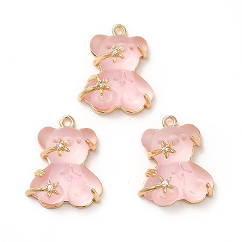 Transparent Resin Crystal Rhinestone Pendants, Bear Charms, with Rack Plating Real 14K Gold Plated Brass Findings, Cadmium Free & Lead Free, Pink, 23x20.5x10mm, Hole: 1.8mm