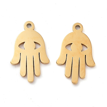 304 Stainless Steel Pendants, Laser Cut, Hamsa Hand Charm, Real 14K Gold Plated, 15x9x1mm, Hole: 1mm