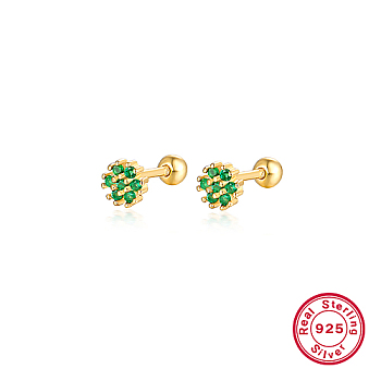 Real 18K Gold Plated 925 Sterling Silver Flower Stud Earrings, with Cubic Zirconia, Green, 5mm