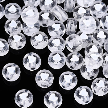 Transparent Clear Acrylic Beads, Flat Round with White Heart, 7x4mm, Hole: 1.8mm, about 360~370pcs/50g