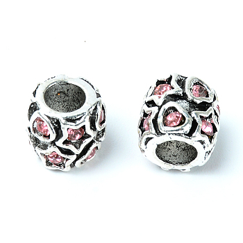 Zinc Alloy Rhinestone European Beads, Large Hole Beads, Rondelle, Antique Silver, Light Rose, 10x10mm, Hole: 4.5mm