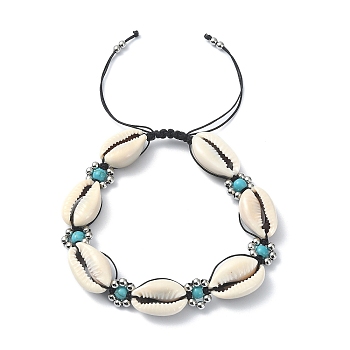 Synthetic Turquoise & Natural Shell Braided Bead Bracelets, Nylon Cord Adjustable Bracelet, Inner Diameter: 2~3-1/8 inch(5~7.8cm)