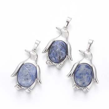 Natural Sodalite Pendants, with Brass Findings, Penguin, Platinum, 34~35x24~25x5~8mm, Hole: 8x5mm