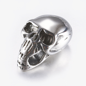 316 Surgical Stainless Steel Cord Ends, End Caps, Skull, Antique Silver, 23.5x14.5x14mm, Inner Diameter: 7mm