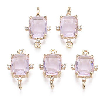 Glass Links connectors, with Brass Micro Pave Cubic Zirconia, Faceted, Rectangle, Light Gold, Pink, 20x12x5.5mm, Hole: 1.2mm