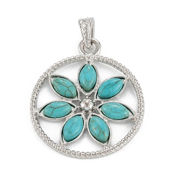 Alloy Pendants, with Synthetic Turquoise, Flat Round with Flower, Platinum, 46x39x4mm, Hole: 8x4mm