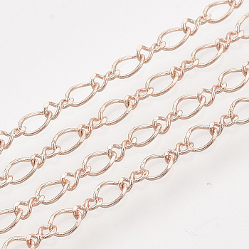 Brass Figaro Chains, Figure 8 Chains, with Spool, Soldered, Rose Gold, 4x3.7x0.4mm and 3.5x2x0.4mm, about 100yard/roll