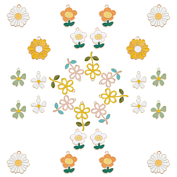 SUNNYCLUE 32Pcs 8 Style Alloy Enamel Pendants, Light Gold, Flower, Mixed Color, 4pcs/Style
