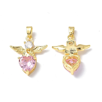 Brass Rhinestone Pendants, Real 18K Gold Plated, Heart with Wing Charms, Light Rose, 22x19x5mm, Hole: 4x2mm