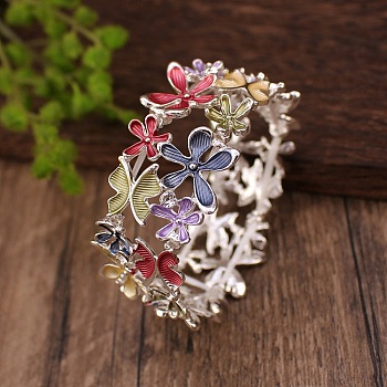 Coloful Alloy Enamel Links Stretch Bangles, Flower with Butterfly, Silver, Inner Diameter: 2-1/4 inch(5.7cm)