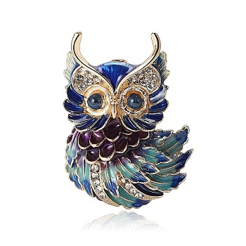 Owl Enamel Pin, Alloy Rhinestone Brooch for Backpack Clothes, Dark Blue, 33x25mm