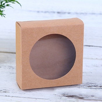 BENECREAT 20Pcs Kraft Paper Box with Clear Round Window, Gift Box, Square, Camel, 15x15x4cm