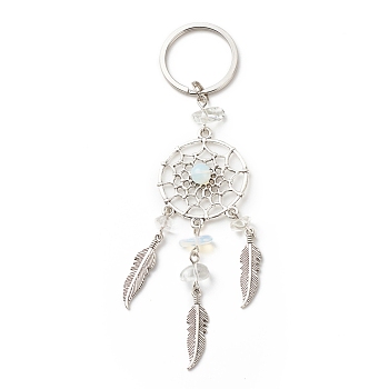 Opalite Keychain, with Iron, 304 Stainless Steel & Alloy Findings, Woven Net/Web with Feather, 11.4~11.8cm