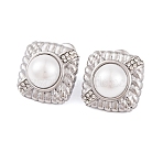 304 Stainless Steel Rhinestone Stud Earrings, Square Imitation Pearl Jewelry for Women, Stainless Steel Color, 16x16mm(EJEW-A049-15P)