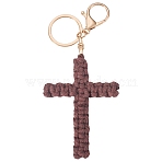 Cotton Cord Cross Keychains, with Alloy Findings, Light Gold, Coconut Brown, 144.5mm(AJEW-TAC0031-03B)