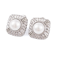 304 Stainless Steel Rhinestone Stud Earrings, Square Imitation Pearl Jewelry for Women, Stainless Steel Color, 16x16mm(EJEW-A049-15P)