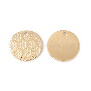 Ion Plating(IP) 304 Stainless Steel Pendant, Flat Round with Flower, Real 24K Gold Plated, 18x1mm, Hole: 1.4mm(STAS-H168-36G)