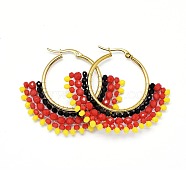 304 Stainless Steel Hoop Earrings, Beaded Hoop Earrings, with Glass Beads, Fan, Golden, Red, 40.5~42x48~48.5x4mm(EJEW-O090-I06)