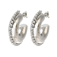 Rack Plating Brass Donut Stud Earrings, Cubic Zirconia Half Hoop Earrings, Cadmium Free & Lead Free, Platinum, 29x7mm(EJEW-D073-06P)