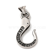 304 Stainless Steel Pendants, Fish Hook Charm, Antique Silver, 45x23.5x6.5mm, Hole: 8.5x4mm(STAS-U001-09AS)