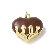 Rack Plating Brass Enamel Pendants, with Jump Ring, Long-Lasting Plated, Lead Free & Cadmium Free, Real 18K Gold Plated, Heart Charm, Coconut Brown, 20.5x20.5x10.5mm, Hole: 3mm(KK-S366-05G-02)