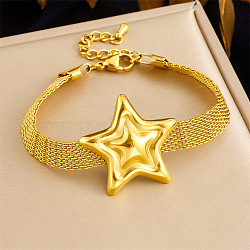 304 Stainless Steel Mesh Chain Bracelets for Women, Golden, Star, 6-1/2 inch(16.5cm)(FS-WG37C51-06)