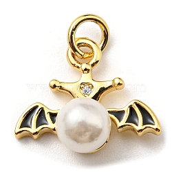 Brass Enamel Pendants, with Plastic Imitation Pearls and Jump Ring, Long-Lasting Plated, Lead Free & Cadmium Free, Wing Charm, Real 18K Gold Plated, 13.5x15.5x7mm, Hole: 3.2mm(KK-K341-27G)