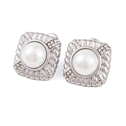 304 Stainless Steel Rhinestone Stud Earrings, Square Imitation Pearl Jewelry for Women, Stainless Steel Color, 16x16mm(EJEW-A049-15P)