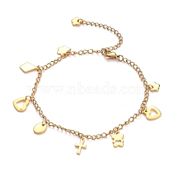 304 Stainless Steel Charm Anklets, with Curb Chains and Lobster Claw Clasps, Golden, 9-1/4 inch(23.6cm)(AJEW-AN00342)