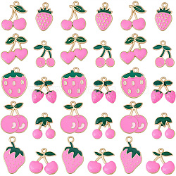 40Pcs 10 Styles Zinc Alloy Pendants, with Enamel, Strawberry/Cherry Charm, Light Gold, Pink, 17~24x14~18.5x1~3.5mm, Hole: 1.2~1.6mm, 4pcs/style(ENAM-SC0007-67)