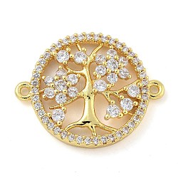 Rack Plating Brass Clear Cubic Zirconia Flat Round with Tree Connector Charms, Long-Lasting Plated, Cadmium Free & Lead Free, Real 18K Gold Plated, 20.5x26.5x4mm, Hole: 1.4mm(KK-A234-033G)