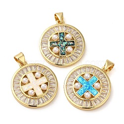 Rack Plating Brass Micro Pave Cubic Zirconia Pendants, with Plastic Pearl Beads, Cadmium Free & Lead Free, Long-Lasting Plated, Real 18K Gold Plated, Flat Round, 23.5x20.5x4.5mm, Hole: 4x3mm(KK-P268-08A-G)