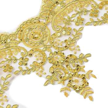 Sparkle Embroidery Flower Polyester Lace Trim, with Plastic Beads, for Costume Decoration, Gold, 9-1/4 inch(235mm), about 1.31 Yards(1.2m)/pc