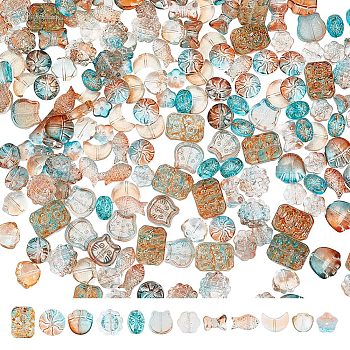 240Pcs 12 Styles Transparent Spray Painted Glass Beads, Rectangle & Sunflower & Fish & Bear & Cat Shape, Mixed Color, 9.5~18x8~14x4~7m, Hole: 1~1.4mm, 20Pcs/style