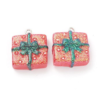 Resin Pendants, for Christmas Festival, with Platinum Iron Peg Bail, Glitter Powder, Gift, Red, 23x20x10mm, Hole: 2mm