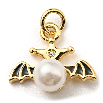 Brass Enamel Pendants, with Plastic Imitation Pearls and Jump Ring, Long-Lasting Plated, Lead Free & Cadmium Free, Wing Charm, Real 18K Gold Plated, 13.5x15.5x7mm, Hole: 3.2mm