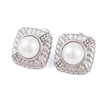 304 Stainless Steel Rhinestone Stud Earrings, Square Imitation Pearl Jewelry for Women, Stainless Steel Color, 16x16mm