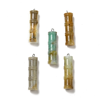 Natural Flower Amazonite Pendants, Bamboo Stick Charms, with Stainless Steel Color Tone 304 Stainless Steel Loops, 45x12.5mm, Hole: 2mm