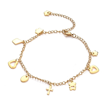 304 Stainless Steel Charm Anklets, with Curb Chains and Lobster Claw Clasps, Golden, 9-1/4 inch(23.6cm)
