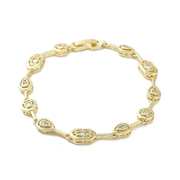 Brass Link Chain Bracelets, Clear Cubic Zirconia Tennis Bracelet, Real 18K Gold Plated, 7-5/8 inch(19.4cm)