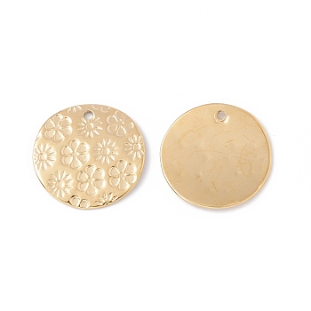 Ion Plating(IP) 304 Stainless Steel Pendant, Flat Round with Flower, Real 24K Gold Plated, 18x1mm, Hole: 1.4mm