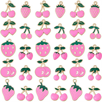 40Pcs 10 Styles Zinc Alloy Pendants, with Enamel, Strawberry/Cherry Charm, Light Gold, Pink, 17~24x14~18.5x1~3.5mm, Hole: 1.2~1.6mm, 4pcs/style