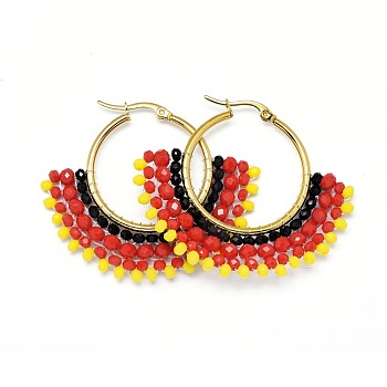 304 Stainless Steel Hoop Earrings, Beaded Hoop Earrings, with Glass Beads, Fan, Golden, Red, 40.5~42x48~48.5x4mm